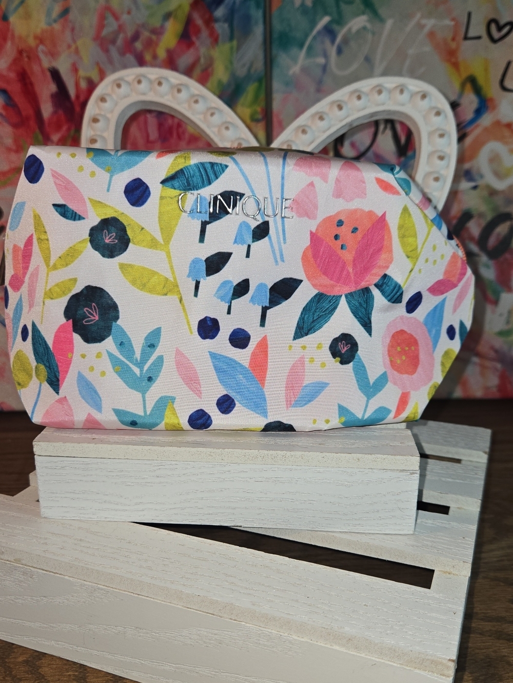 Clinique Floral Cosmetic Pouch - Pink, Blue, Green